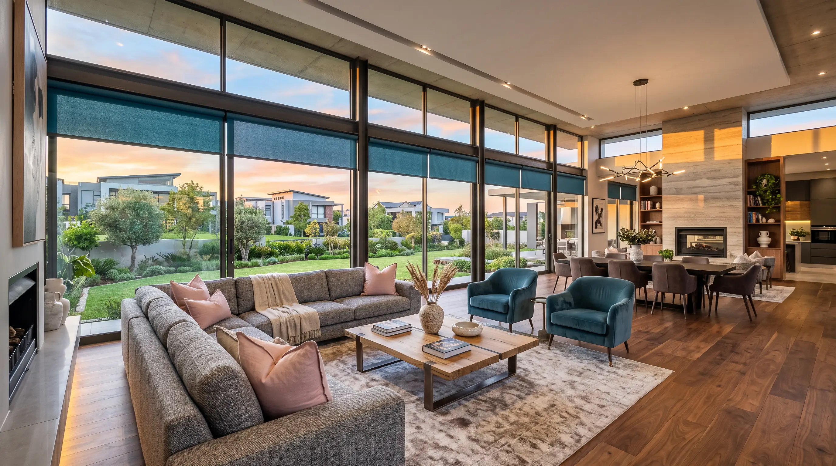 Double-volume living area in a Waterfall estate home, teal roller blinds lowered across the upper band of a full-height glass wall at sunset